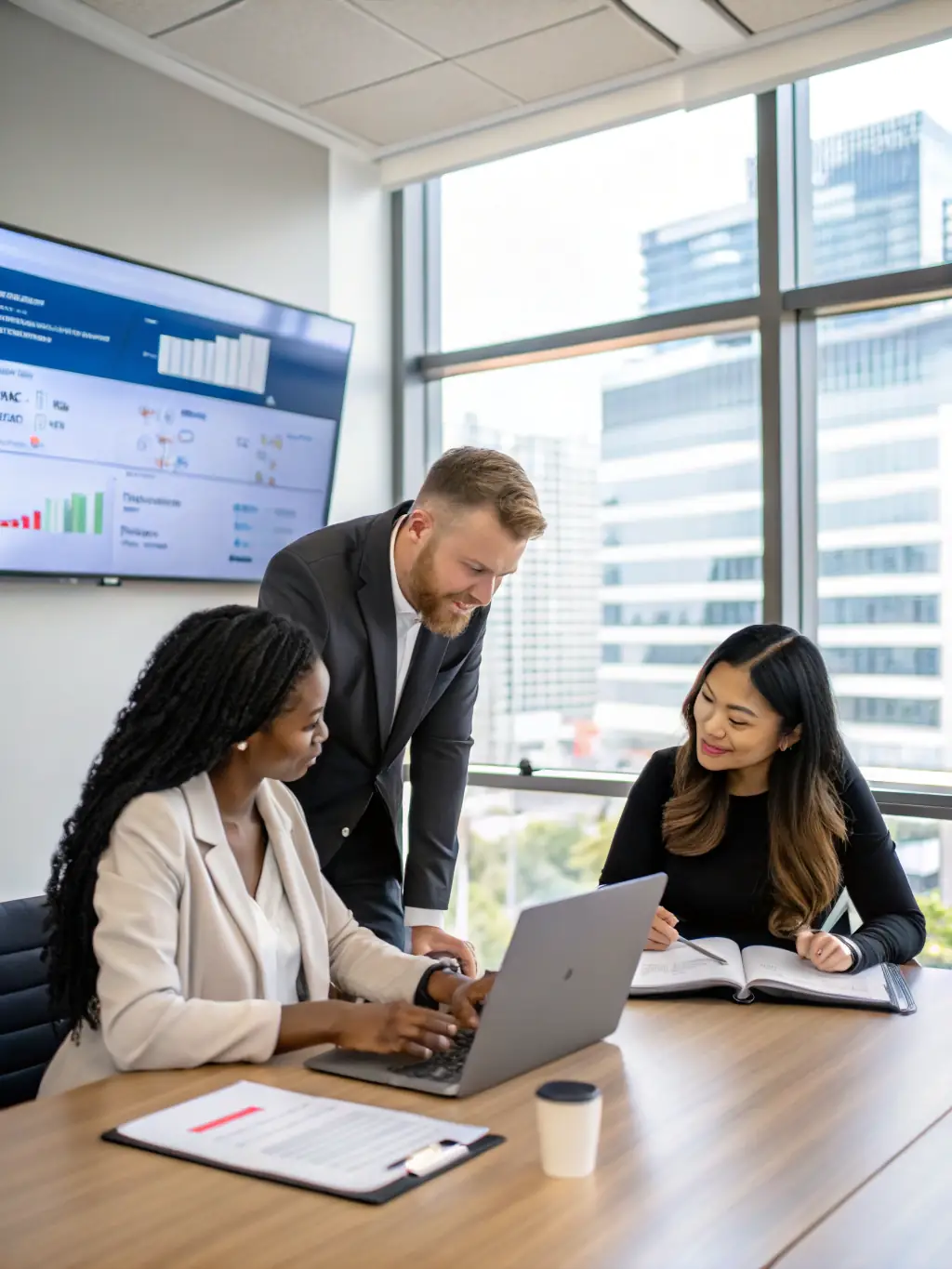 A professional team of HR consultants discussing strategies in a modern office.